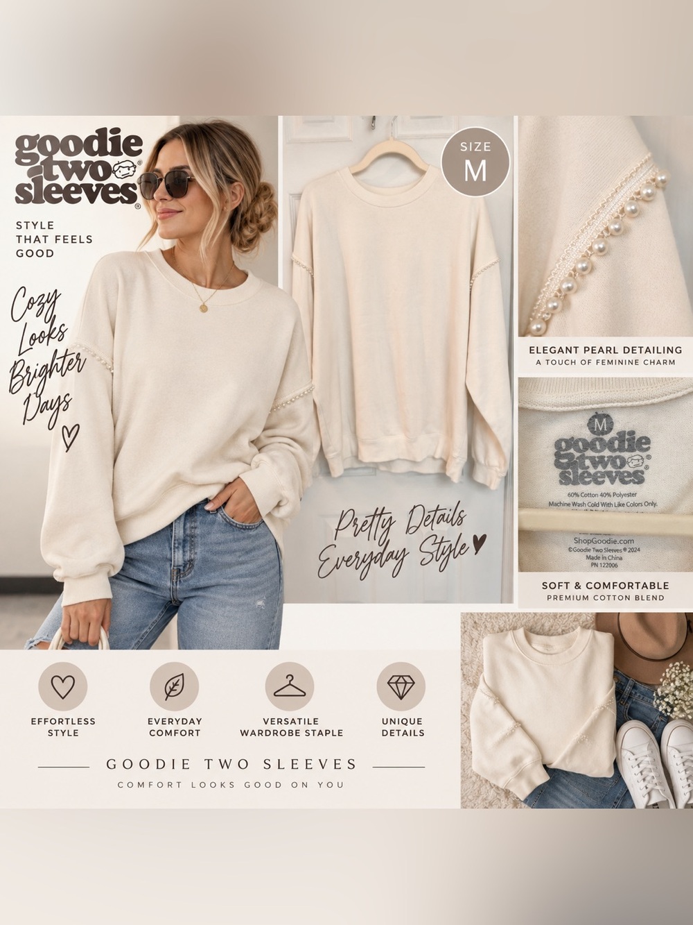 Goodie Two Sleeves Women’s M Ivory Pearl Shoulder Sweatshirt Coquette